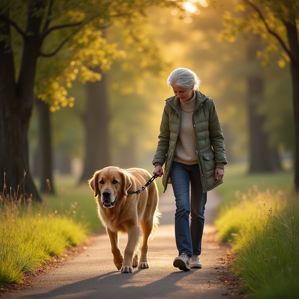 Idős kutya kíméletes sétája természetes környezetben
